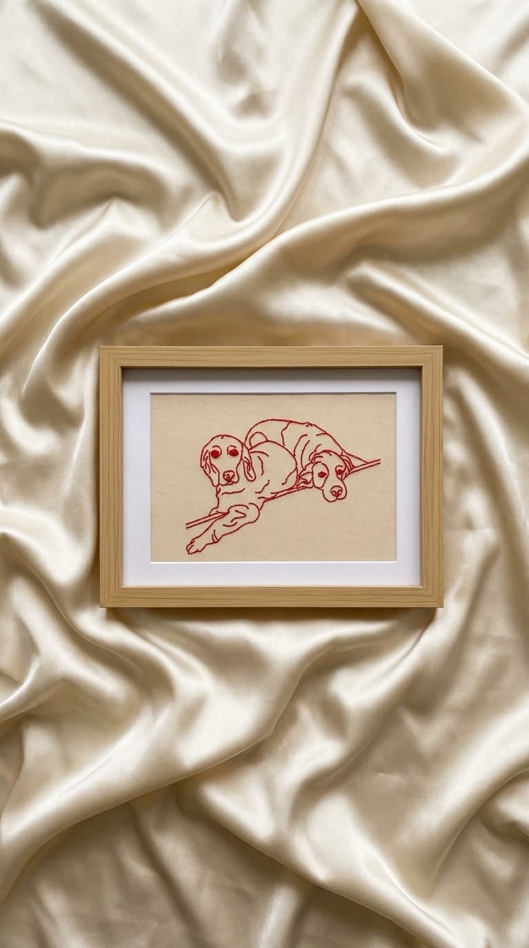 A stitched portrait of two dogs on cream silk